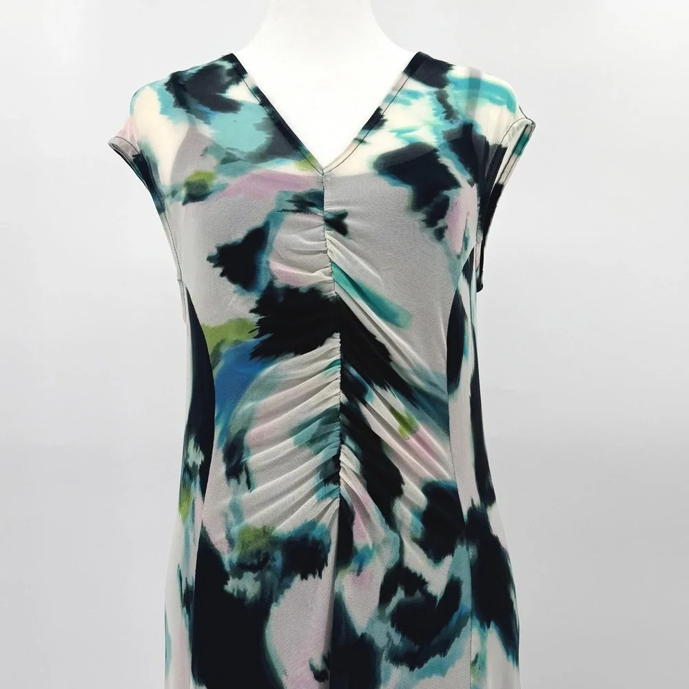 INC Abstract Print V Neck Ruched Midi Dress Women's Small NWT Y2K Fairy